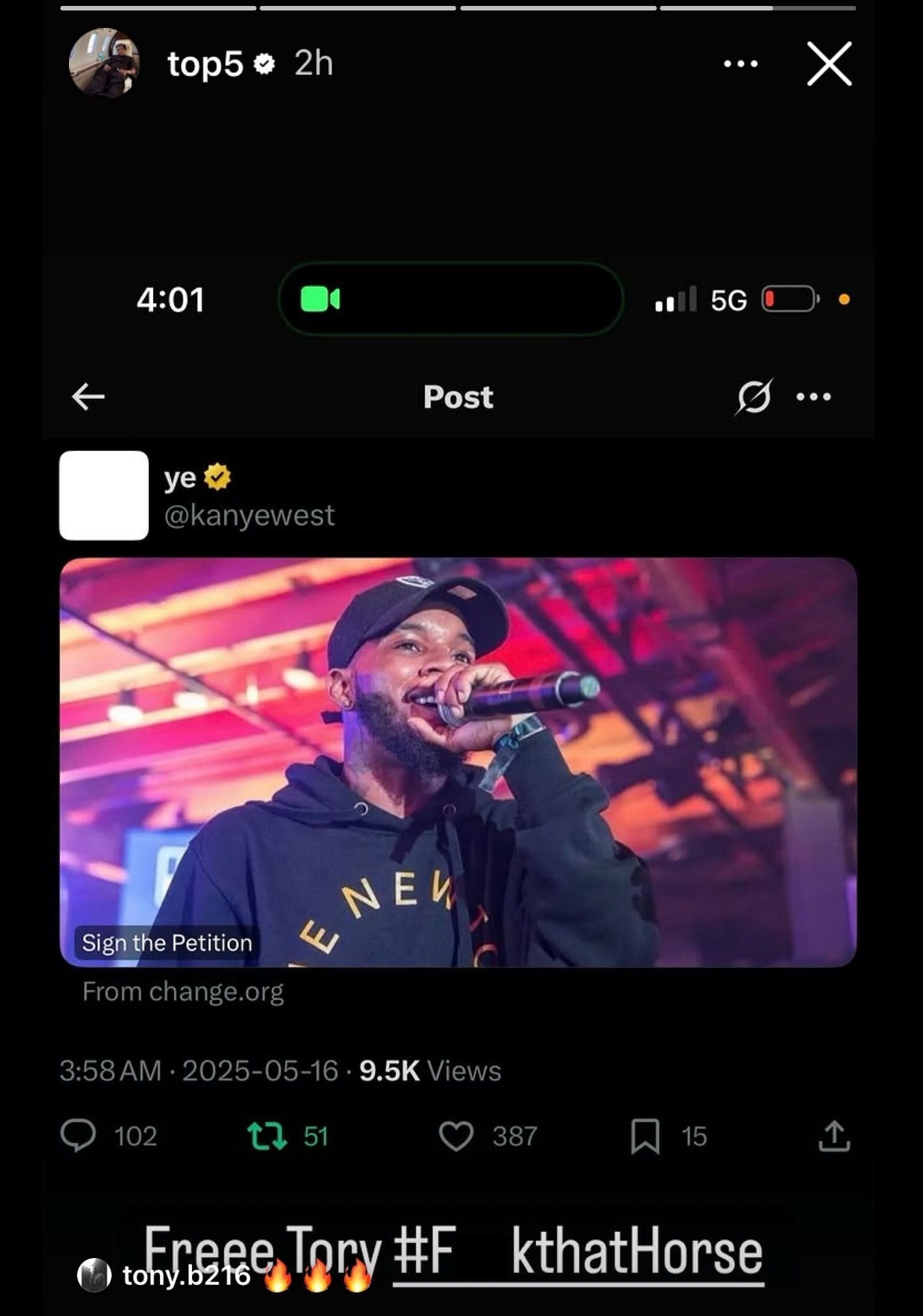 Top5's screenshot of Kanye West's X post (Image via @top5/Instagram)